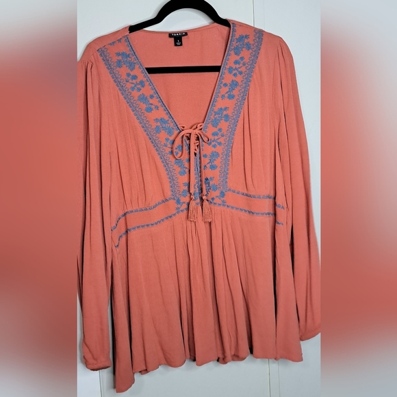 Burnt Orange Babydoll Gauze Lace Up Shirt with Embroidered, Crocheted Accents - Picture 3 of 10